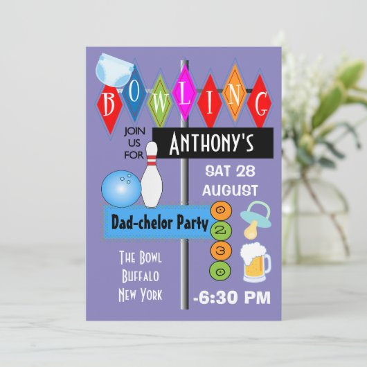 Paare Kinderdusche Vater-Chelor Retro Bowling Part Einladung (Stehend Vorderseite)