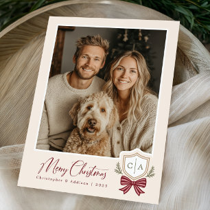 Paare Monogram Initials Bow Foto Weihnachtskarte Feiertagskarte