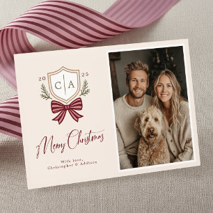 Paare Monogram Initials Bow Foto Weihnachtskarte Feiertagskarte