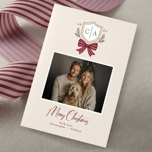 Paare Monogram Wappen Bow Foto Weihnachtskarte Feiertagskarte