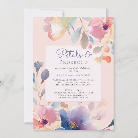 Paare Petals und Prosecco Pink Brautparty Einladung (Vorderseite)
