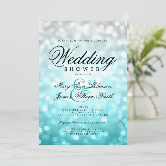 Paare Polterabend Beach Ombre Bokeh Lights Einladung (Stehend Vorderseite)