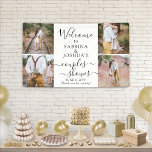 Paare Polterabend Elegante 4 Foto Willkommen Banner<br><div class="desc">Herzlich willkommen in einem stilvollen Paares-Brautparty mit einem eleganten 4-Foto Collage Party-Banner. Bilder und Text sind einfach zu personalisieren. (IMAGE PLACEMENT TIP: Eine einfache Möglichkeit, ein Foto genau so zu zentrieren, wie Sie es gewollt haben, ist es, es einzuschneiden, bevor Sie es auf die Zazzle-Website hochladen.) Das moderne minimalistische Schwarz-Weiß-Design...</div>