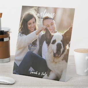 Paarfoto mit Haustier Lustige Hochzeit Sockelschild