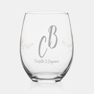 Paarvögel Monogramm Blumen Elegante Hochzeit Weinglas Ohne Stiel