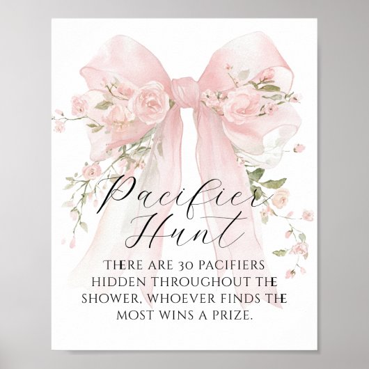 Pacifier Hunt Floral Bow Girl Baby Shower Game Poster (Vorne)