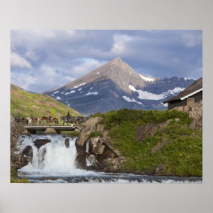 Packer führen eine Reihe von Pferden über eine Brü Poster