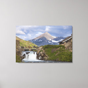 Packer führen Pferde über Brücke über Brücke Leinwanddruck