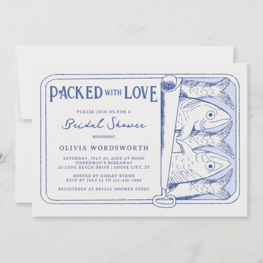 Packet mit Liebe gegossen Sardinen Brautparty Einladung (Vorderseite)