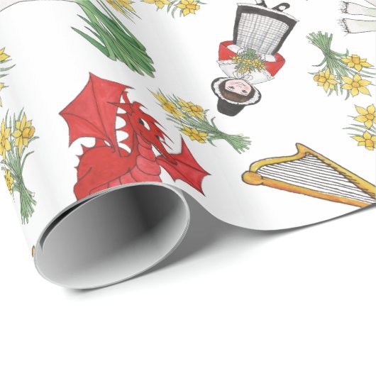 Packpapier: Waliser-Embleme, Drache, Narzissen Geschenkpapier (Rolleneckpunkt)