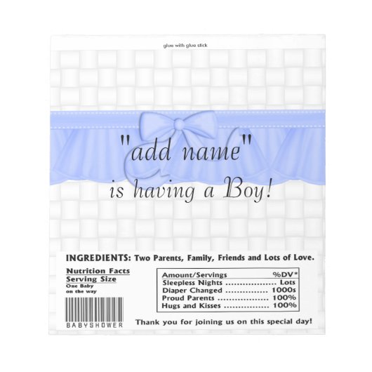 Packung Babydusche Bar Wrapper Gastgeschenk Notizblock (Vorderseite)