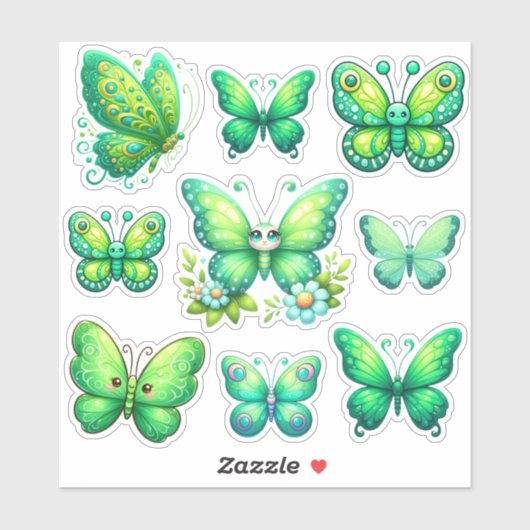 Packung lebendiger grüner Schmetterlinge Aufkleber (Blatt)
