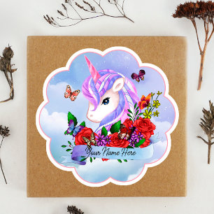 Packung mit 9 rosa und lila Einhorn mit rote Rosen Aufkleber