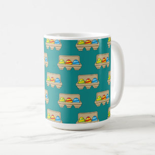 Packung mit bunten Ostereiern aus Cartoon Kaffeetasse