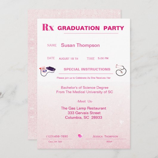 Pad-Abschluss für rosa ärztliche Verschreibung Einladung (Vorne/Hinten)