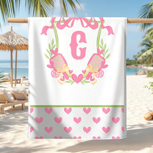 Paddel-Monogramm-Wappen für Rosa und Grüne Pickleb Strandtuch