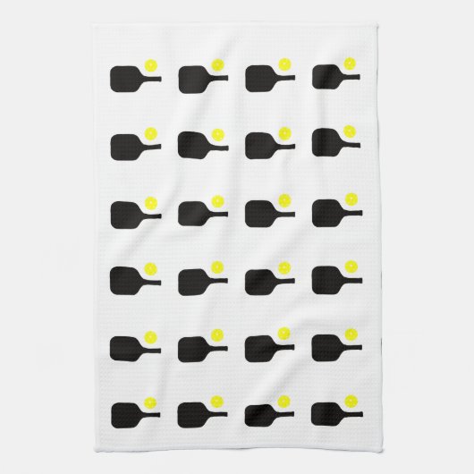 Paddel und gelbe Bälle aus schwarzem Pickleball Geschirrtuch (Vertikal)