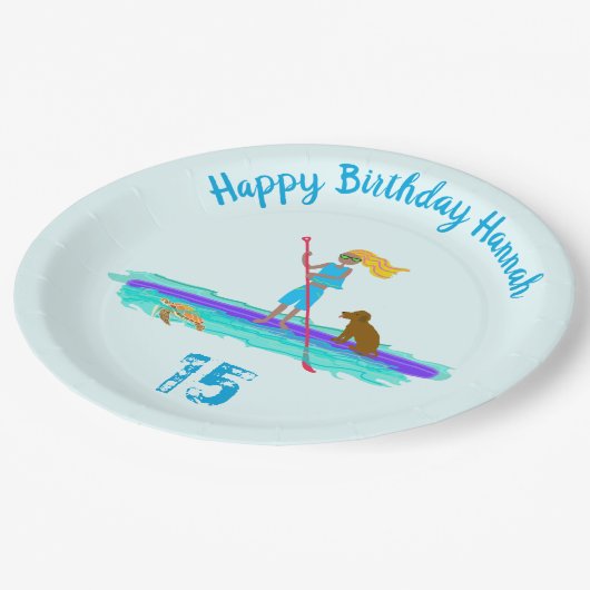 Paddleboarding Girl Birthday Party Paper Plate Pappteller (Schrägansicht)