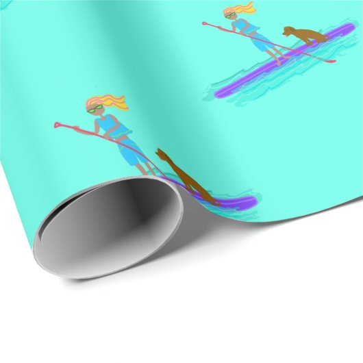 Paddleboarding Girl n Dog Pattern Wrapping Paper Geschenkpapier (Rolleneckpunkt)