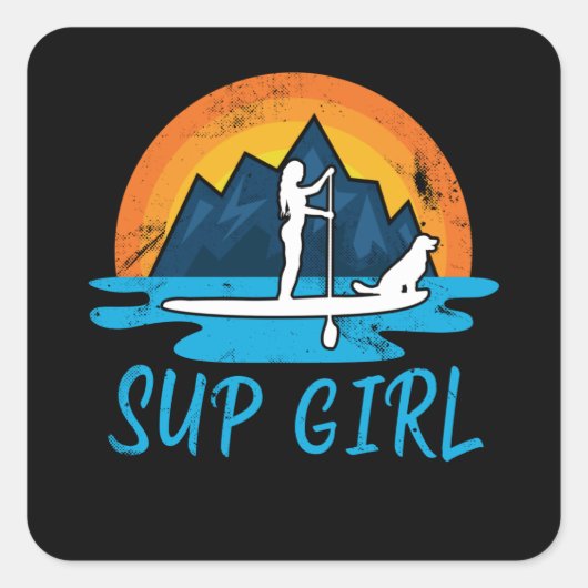 Paddleboarding Sup Girl Dog Retro Geschenk Quadratischer Aufkleber (Vorderseite)