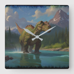 Paddling Brontosaurus & River Fun Quadratische Wanduhr