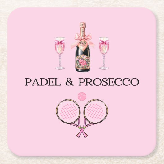 PADEL COASTER: PADEL & PROSECCO CLASSIC PINK/BLACK RECHTECKIGER PAPPUNTERSETZER (Vorderseite)