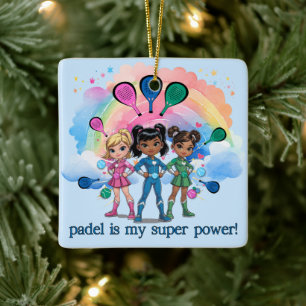 PADEL-ORNAMENT – PADEL-MÄDCHEN SUPERHELDEN BLAU KERAMIKORNAMENT