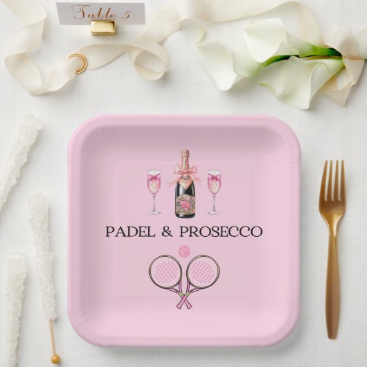 PADEL-PLATTE: PADEL & PROSECCO KLASSISCH ROSA/SCHW PAPPTELLER (Hochzeit)