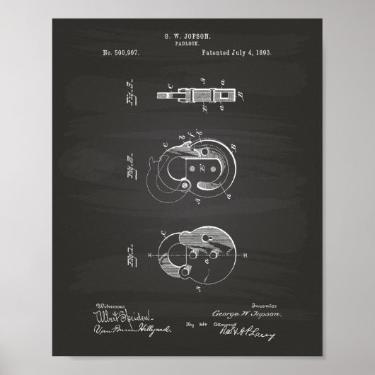 Padlock 1893 Chalkboard für Patentkunst Poster (Vorne)