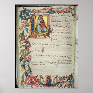 Page of musical notation with a historiated poster