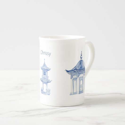 Pagoda Chinoiserie Tasse Blau und Weißer Kaffee (Vorderseite Rechts)