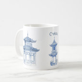 Pagoda Chinoiserie Tasse Blau und Weißer Kaffee (Vorderseite Links)