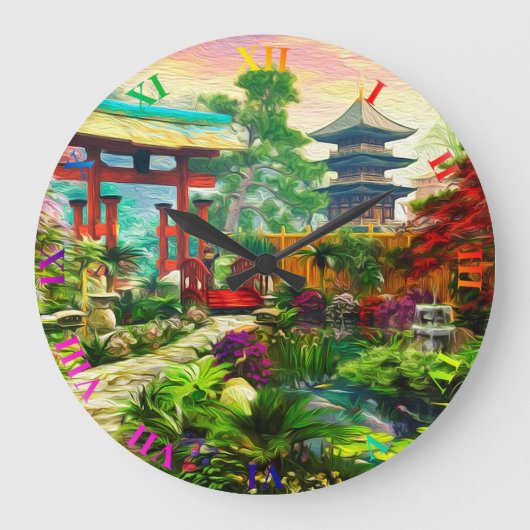 Pagoda Sakura und Wasserfall Große Wanduhr (Vorderseite)