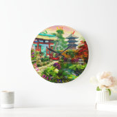 Pagoda Sakura und Wasserfall Große Wanduhr (Zuhause)