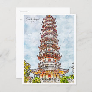 Pagoda Shanghai China Vintage Reise Aquarell Postkarte