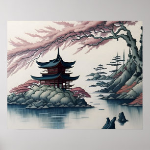 Pagoda und Landschaftsbild Poster