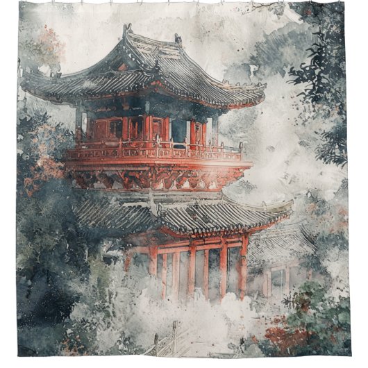 Pagode Crimson Mountain Tuschwaschung (1) Duschvorhang (Vorderseite)