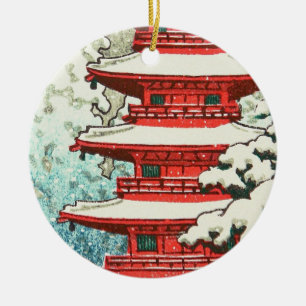 Pagode in der Schnee Kawase Hasui Schienbein hanga Keramikornament