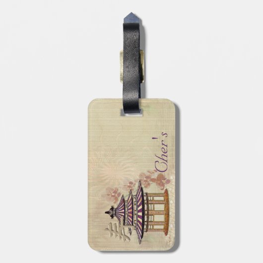 Pagode Rose Mixed Media Oriental Gepäckanhänger (Rückseite vertikal)