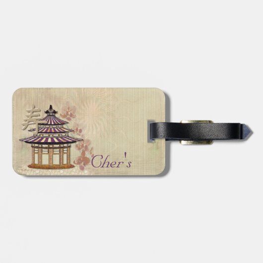 Pagode Rose Mixed Media Oriental Gepäckanhänger (Rückseite horizontal)