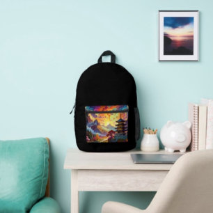 Pagode und farbenfrohe Landschaft Bedruckter Rucksack