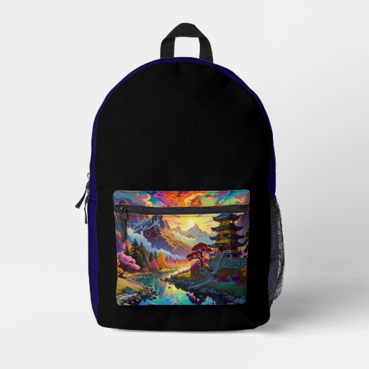 Pagode und farbenfrohe Landschaft Bedruckter Rucksack (Vorderseite)