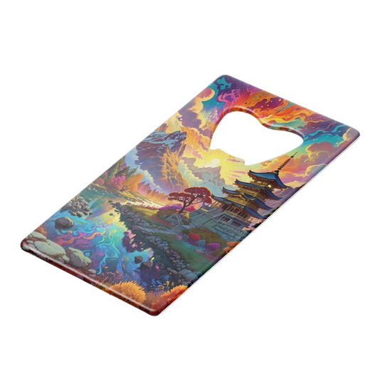 Pagode und farbenfrohe Landschaft Geldbeutel Flaschenöffner (Vorderseite Schrägansicht)