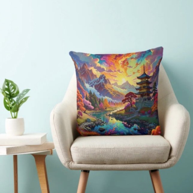 Pagode und farbenfrohe Landschaft Kissen (Vibrant Pagoda  Fantasy Landscape pillow high quality 100% polyester hidden zipper enclosure.)