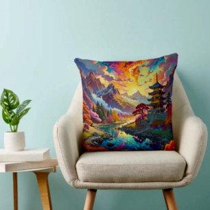 Pagode und farbenfrohe Landschaft Kissen