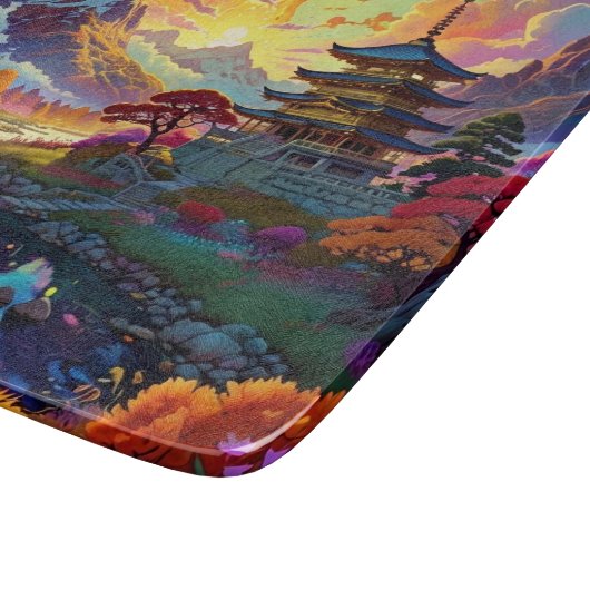 Pagode und farbenfrohe Landschaft Schneidebrett (Ecke)