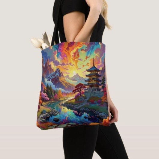 Pagode und farbenfrohe Landschaft Tasche