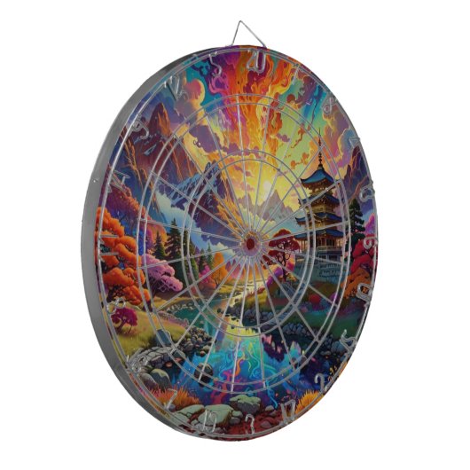 Pagode und farbige Landschaft Dartboard Dartscheibe (Vorderseite Links)