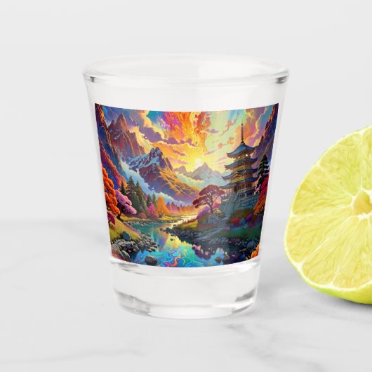 Pagode und farbiges Landschaftsschutzglas Schnapsglas (Vorderseite)