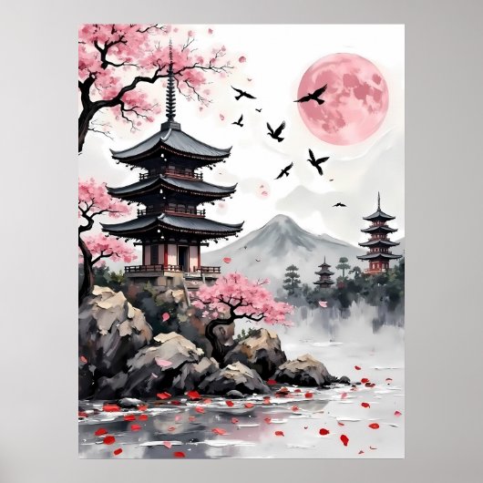 Pagode Unter dem rosa Mond Poster (Vorne)